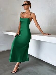 Aveloria Solid Tie Backless Cami Dress Holiday Party Birthday Formal Occassion Dress  - Dark Green - View 5