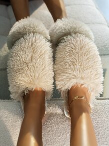 極簡毛絨卧室拖鞋,女士家庭室內外适用拖鞋,温暖柔软,平底防滑,適合秋冬季节佩戴,長毛和圓頭 - 米色 - 查看 5
