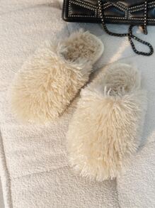 極簡毛絨卧室拖鞋,女士家庭室內外适用拖鞋,温暖柔软,平底防滑,適合秋冬季节佩戴,長毛和圓頭 - 米色 - 查看 6