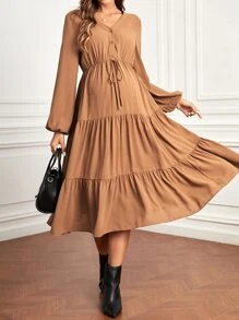 SHEIN Maternity Lantern Sleeve Tie Front Ruffle Hem Dress - Brown - View 1