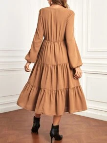 SHEIN Maternity Lantern Sleeve Tie Front Ruffle Hem Dress - Brown - View 2