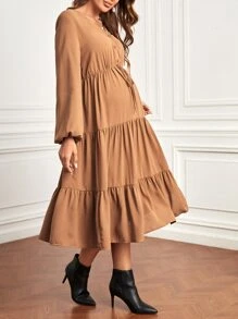 SHEIN Maternity Lantern Sleeve Tie Front Ruffle Hem Dress - Brown - View 3