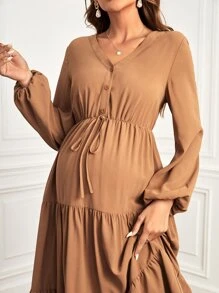 SHEIN Maternity Lantern Sleeve Tie Front Ruffle Hem Dress - Brown - View 4