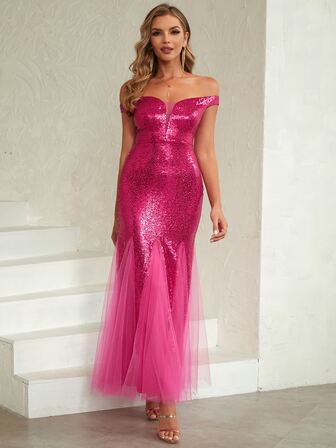 ANGEL FASHIONS Off Shoulder Mermaid Hem Sequin Prom Dress