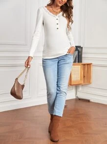 SHEIN Maternity Contrast Lace Tee - White - View 5