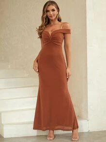 ANGEL FASHIONS Cold Shoulder Ruched Front Glitter Dress - Burnt Orange - View 1