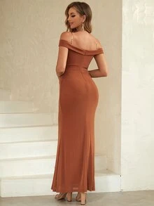 ANGEL FASHIONS Cold Shoulder Ruched Front Glitter Dress - Burnt Orange - View 2