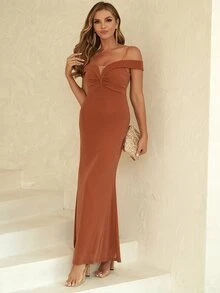 ANGEL FASHIONS Cold Shoulder Ruched Front Glitter Dress - Burnt Orange - View 3