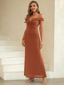 ANGEL FASHIONS Cold Shoulder Ruched Front Glitter Dress - Burnt Orange - View 4