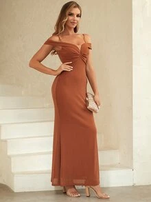 ANGEL FASHIONS Cold Shoulder Ruched Front Glitter Dress - Burnt Orange - View 7