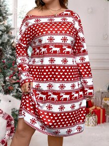 Plus Christmas Elk & Heart Print Drop Shoulder Dress - Red and White - View 1