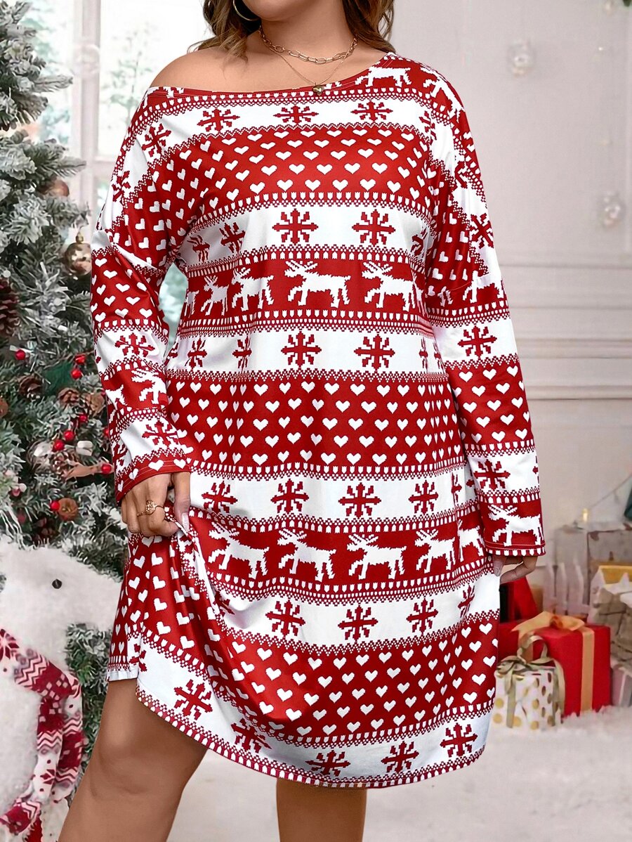 Plus Christmas Elk & Heart Print Drop Shoulder Dress - Red and White - View 1