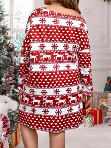 Plus Christmas Elk & Heart Print Drop Shoulder Dress - Red and White - View 2