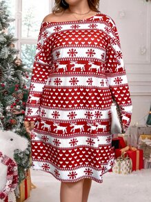 Plus Christmas Elk & Heart Print Drop Shoulder Dress - Red and White - View 3