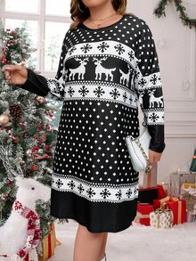 Plus Christmas Print Drop Shoulder Tee Dress - Black and White - View 4