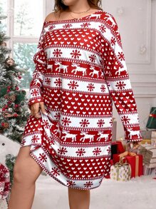 Plus Christmas Elk & Heart Print Drop Shoulder Dress - Red and White - View 4