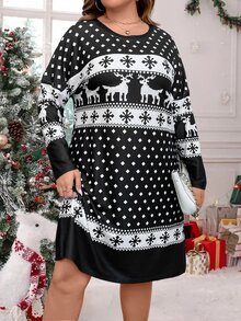 Plus Christmas Print Drop Shoulder Tee Dress - Black and White - View 5