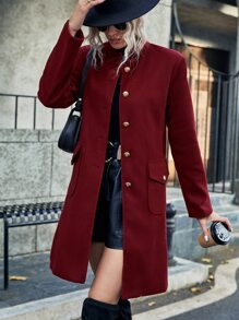 SHEIN LUNE Flap Pocket Single Breasted Overcoat - Burgundy - View 4