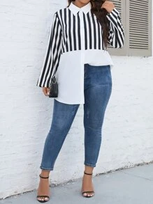 SHEIN LUNE Plus Striped Print Longline Shirt - Black and White - View 3