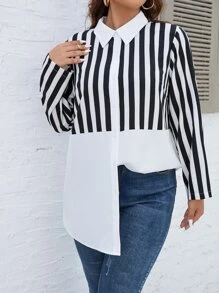 SHEIN LUNE Plus Striped Print Longline Shirt - Black and White - View 1