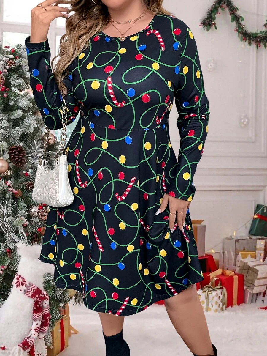 Plus Christmas Print Dress - Multicolor - View 1