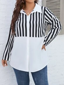 SHEIN LUNE Plus Striped Print Longline Shirt - Black and White - View 5