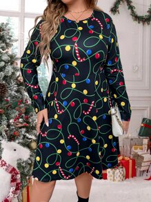 Plus Christmas Print Dress - Multicolor - View 2