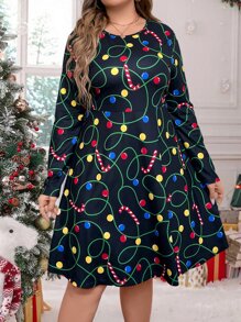 Plus Christmas Print Dress - Multicolor - View 3