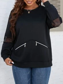 SHEIN Clasi Sudadera de malla en contraste con diseño de cremallera - Negro - Ver 6