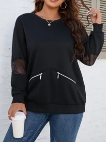 SHEIN Clasi Sudadera de malla en contraste con diseño de cremallera - Negro - Ver 1