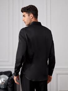 GENTILAND Men Button Front Satin Shirt - Black - View 2