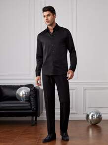 GENTILAND Men Button Front Satin Shirt - Black - View 3