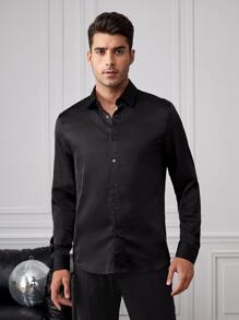 GENTILAND Men Button Front Satin Shirt - Black - View 4