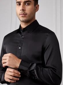 GENTILAND Men Button Front Satin Shirt - Black - View 6