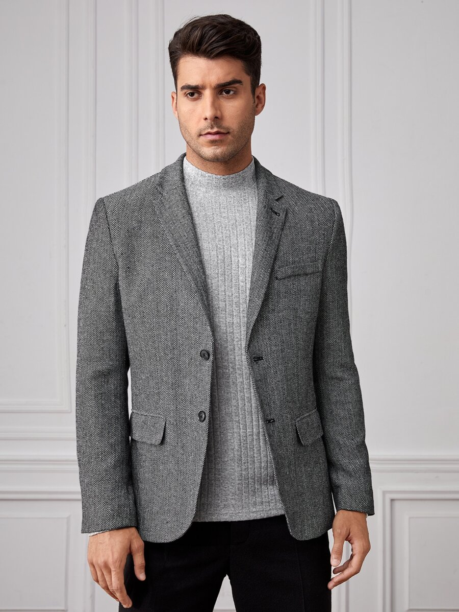 GENTILAND Men Lapel Collar Single Breasted Blazer - Grey - View 1