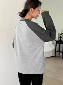 DAZY 字母拼色插肩袖 T 恤，秋季服装学院风上衣，长袖女式上衣