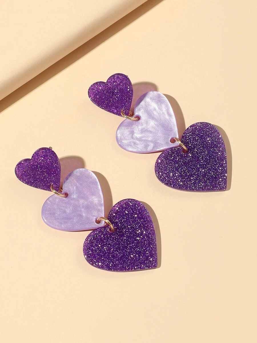 Heart Drop Earrings - Purple - View 1