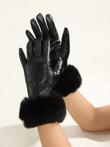 Contrast Fluffy Gloves - Black - View 1