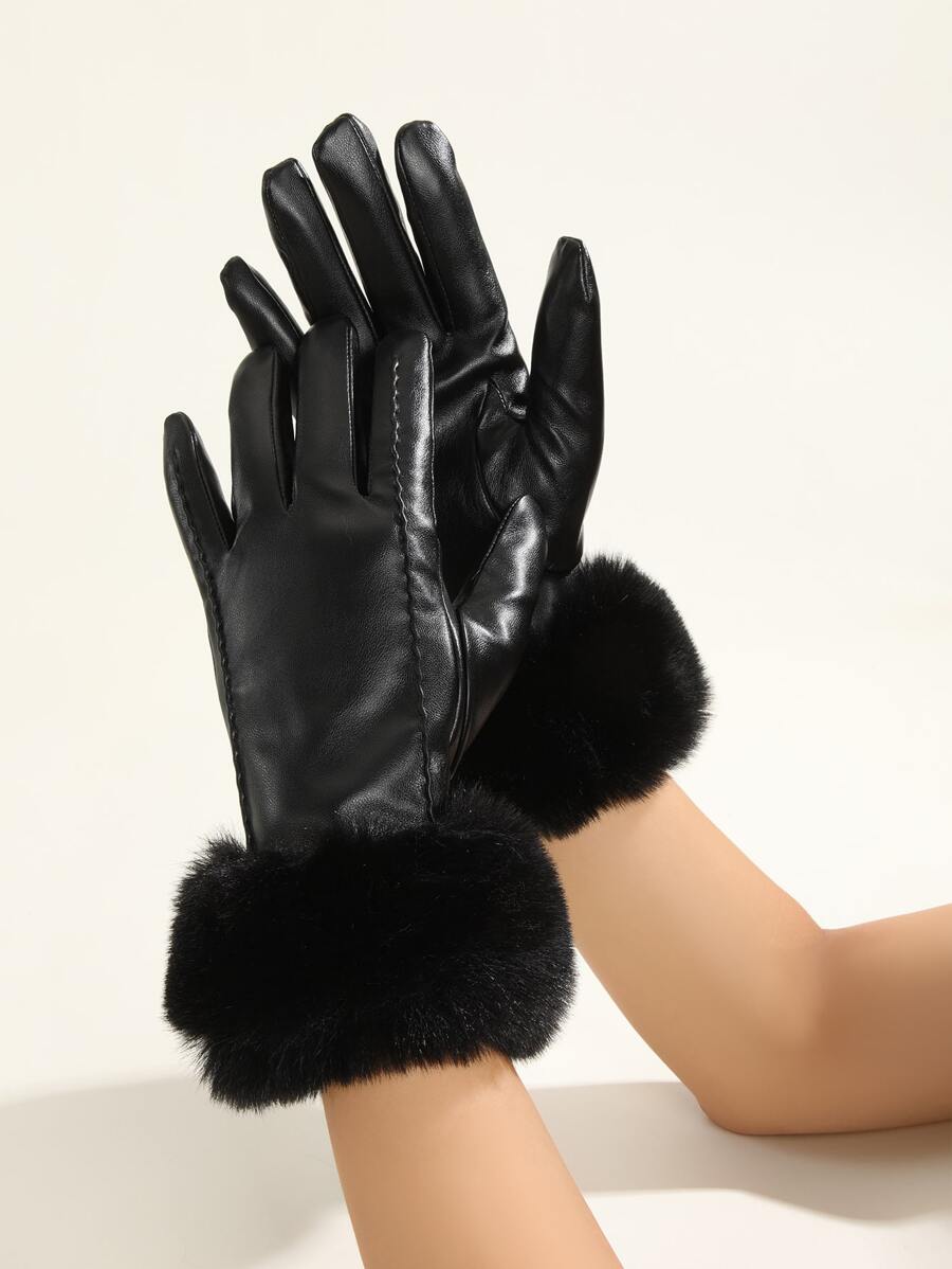 Contrast Fluffy Gloves - Black - View 1