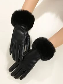 Contrast Fluffy Gloves - Black - View 2