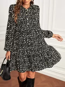 SHEIN 孕婦斑點印花燈籠袖荷葉邊洋裝 - 黑與白 - 查看 1