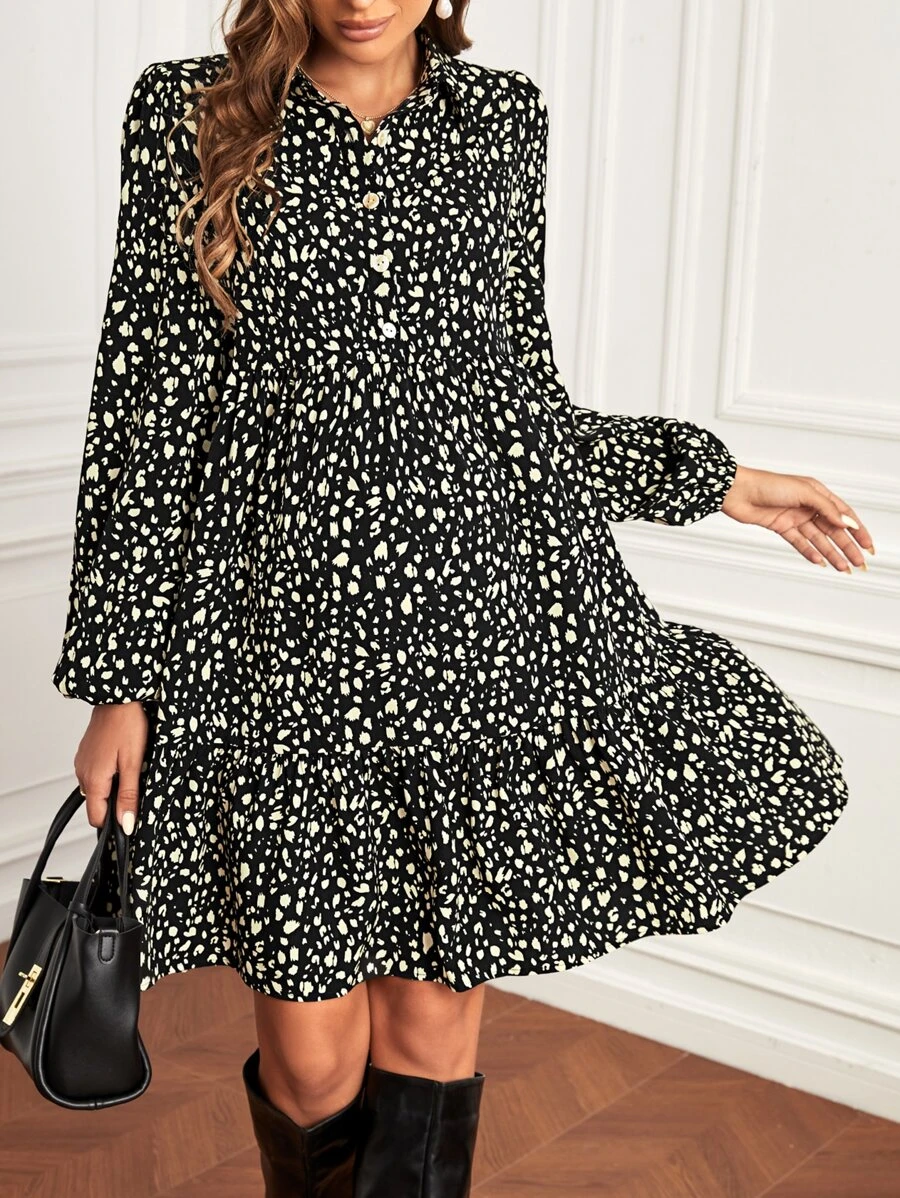 SHEIN 孕婦斑點印花燈籠袖荷葉邊洋裝 - 黑與白 - 查看 1