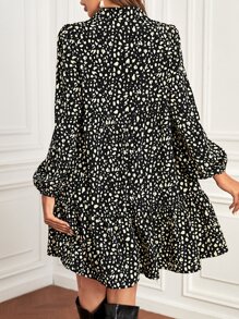 SHEIN 孕婦斑點印花燈籠袖荷葉邊洋裝 - 黑與白 - 查看 2