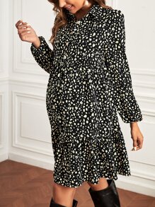 SHEIN 孕婦斑點印花燈籠袖荷葉邊洋裝 - 黑與白 - 查看 3
