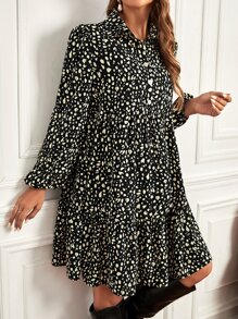 SHEIN 孕婦斑點印花燈籠袖荷葉邊洋裝 - 黑與白 - 查看 5