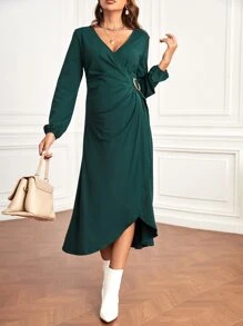 SHEIN 孕婦燈籠袖金屬圓環側圍裹洋裝