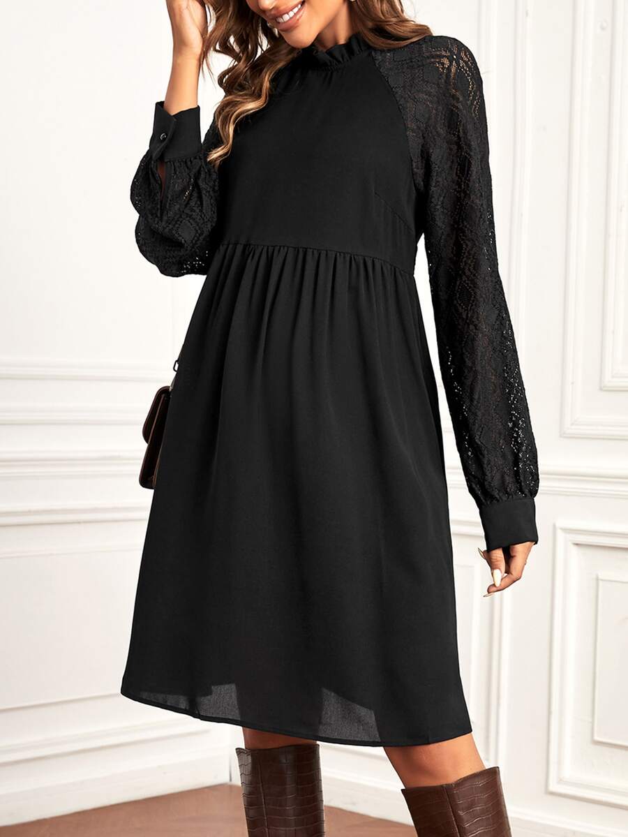 SHEIN Maternity Contrast Lace Raglan Sleeve Smock Dress - Black - View 1