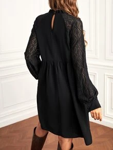SHEIN Maternity Contrast Lace Raglan Sleeve Smock Dress - Black - View 2