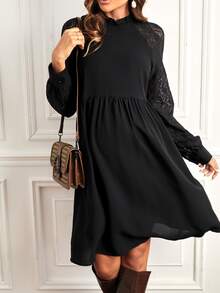 SHEIN Maternity Contrast Lace Raglan Sleeve Smock Dress - Black - View 5