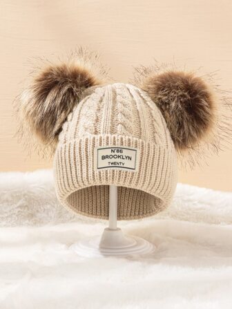 1 Stück Damen warme Doppel-Bommel Strick Beanie, dick gestrickter Ohrenschutz Hut mit niedlichen Bommel für Winter und Herbst